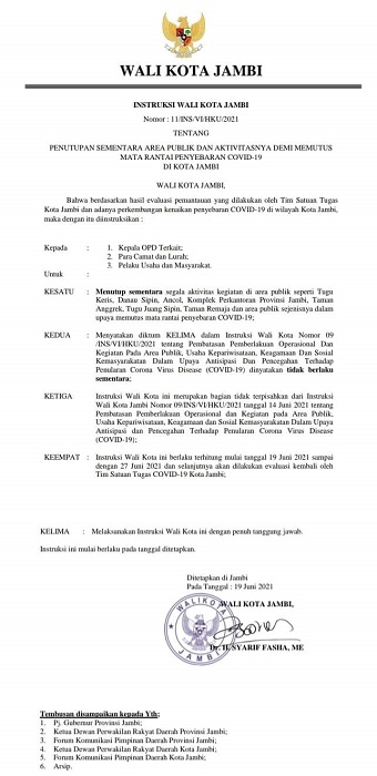 Walikota Jambi Keluarkan surat Penutupan Sementara Area Publik
